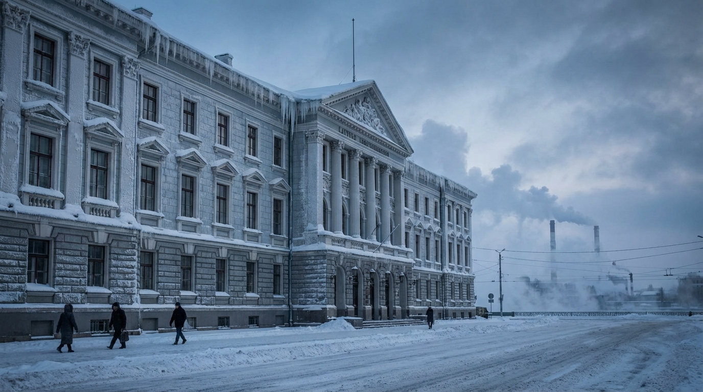 Snow-covered parliament building in Riga, Latvia, surrounded by icy winter streets