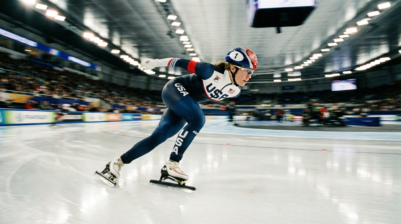 Speedskater Casey Dawson competing on the ice track during the 5000m event