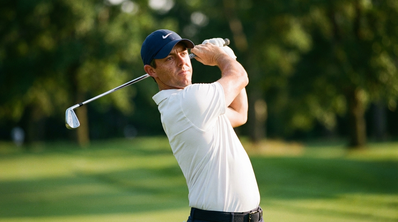 Professional golfer in a white polo and navy cap completing a swing against a blurred green golf course background