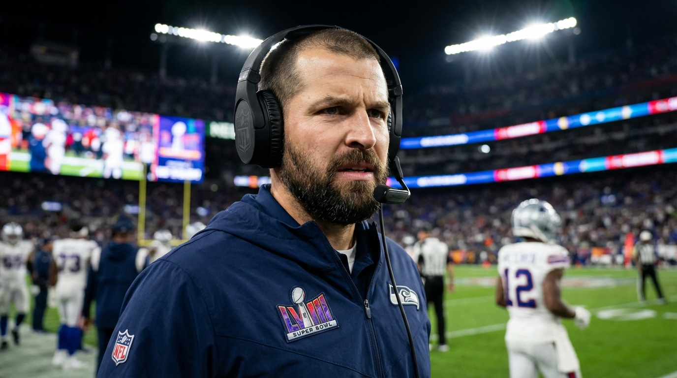 Mike Macdonald pacing the sideline wearing a headset during an NFL game