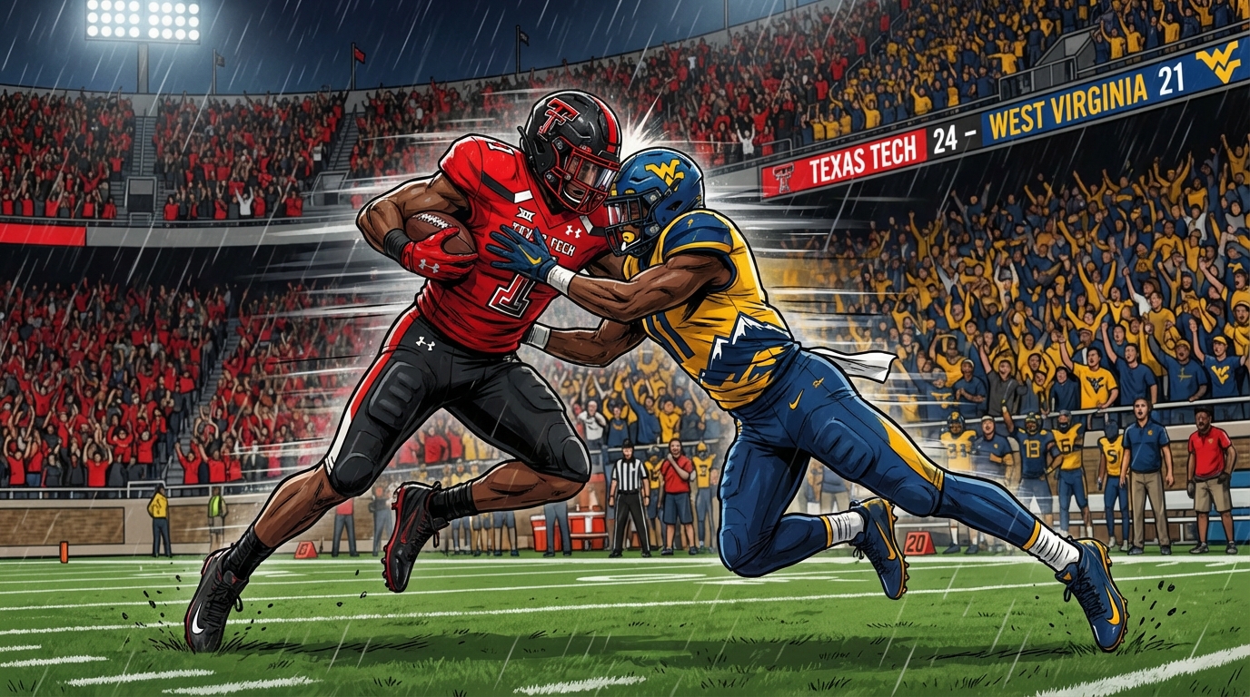 Texas Tech and West Virginia team colors and symbols represented in a competitive sports context