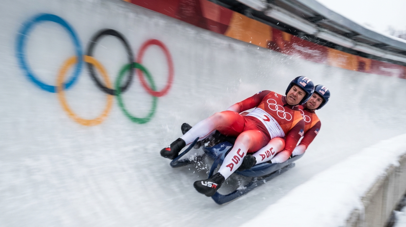 Two doubles luge athletes navigating a banked ice turn at high speed with the top slider visible above the bottom slider.