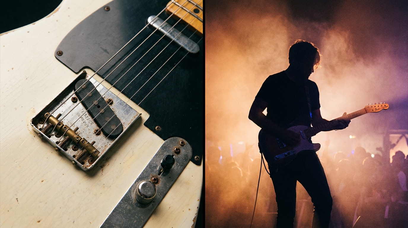 A split view showing a vintage white 1953 Fender Telecaster and a silhouette of Vince Gill performing on a warm-lit stage.