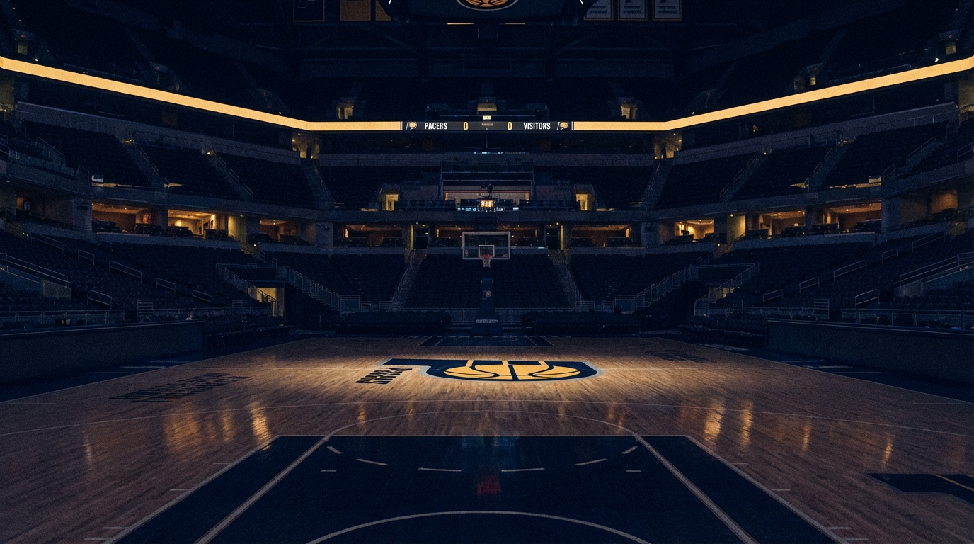 A basketball resting on an empty court floor featuring Indiana Pacers navy and gold colors with stadium lights dimmed