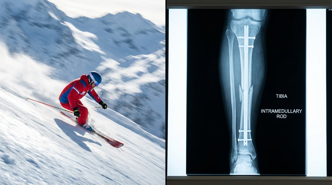 Split view showing an alpine skier in action and a medical X-ray of a tibia with an intramedullary rod