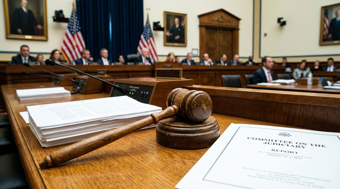 Close-up of a wooden gavel and documents on a desk in a congressional hearing room