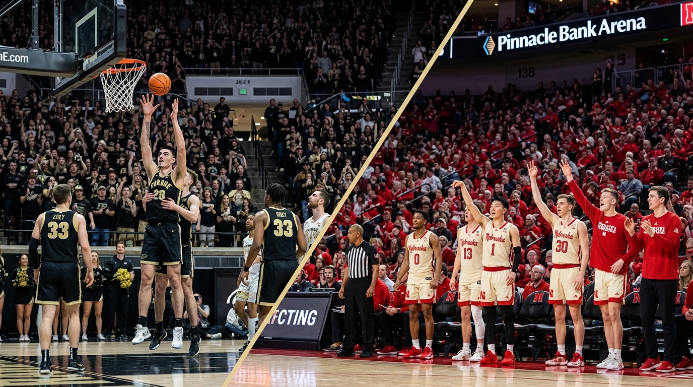Basketball court at Pinnacle Bank Arena showing Purdue and Nebraska players facing off during a crowded game