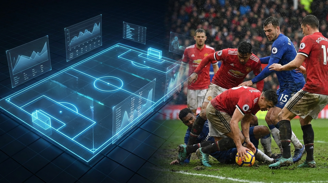 Split view showing a digital soccer pitch wireframe on the left and a muddy Premier League goalmouth scramble on the right