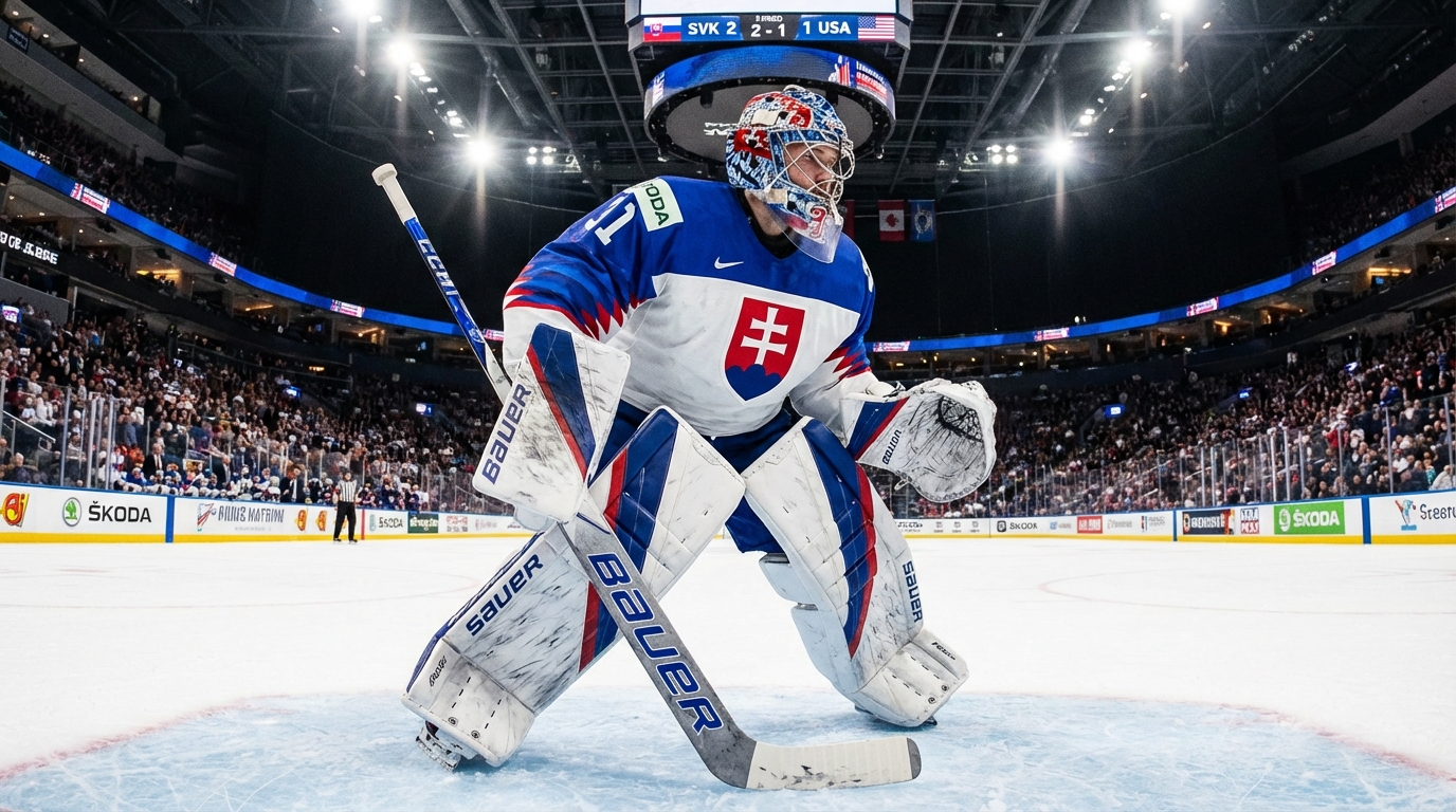 Samuel Hlavaj in ice hockey goaltender gear standing on the ice rink during a game or practice session