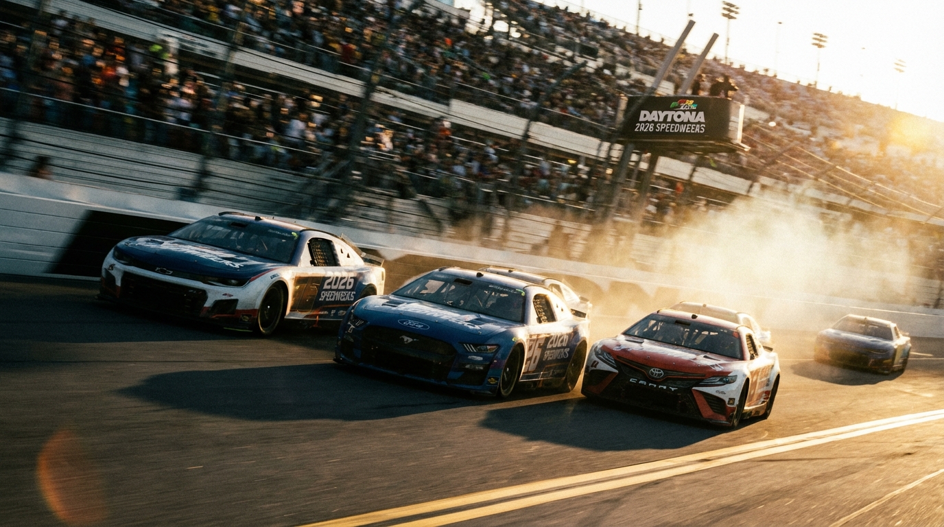 NASCAR stock cars racing three-wide on the high banks of Daytona International Speedway during a sunset