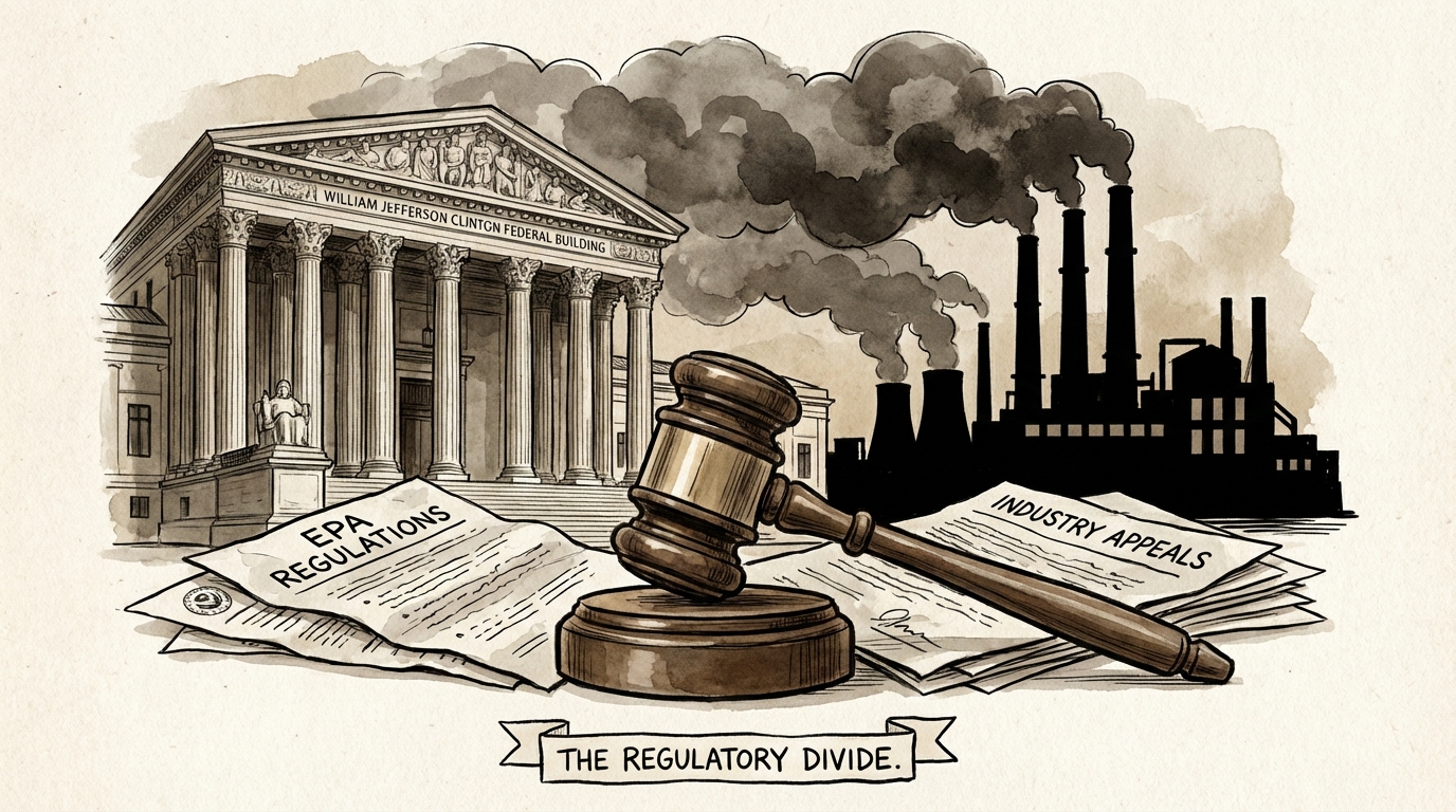 Exterior of the William Jefferson Clinton Federal Building in Washington D.C. overlaid with a legal gavel and industrial imagery