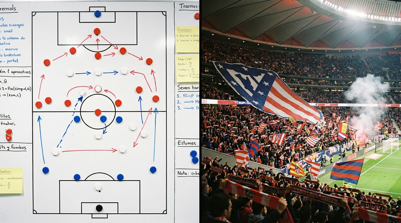 Split view showing a football tactical board and the intense atmosphere inside the Metropolitano Stadium