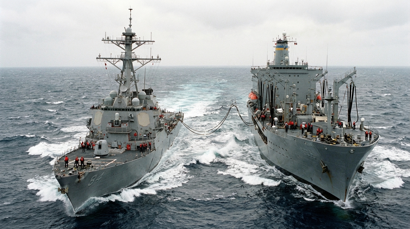 US Navy destroyer USS Farragut sailing alongside replenishment oiler USNS Laramie in open waters