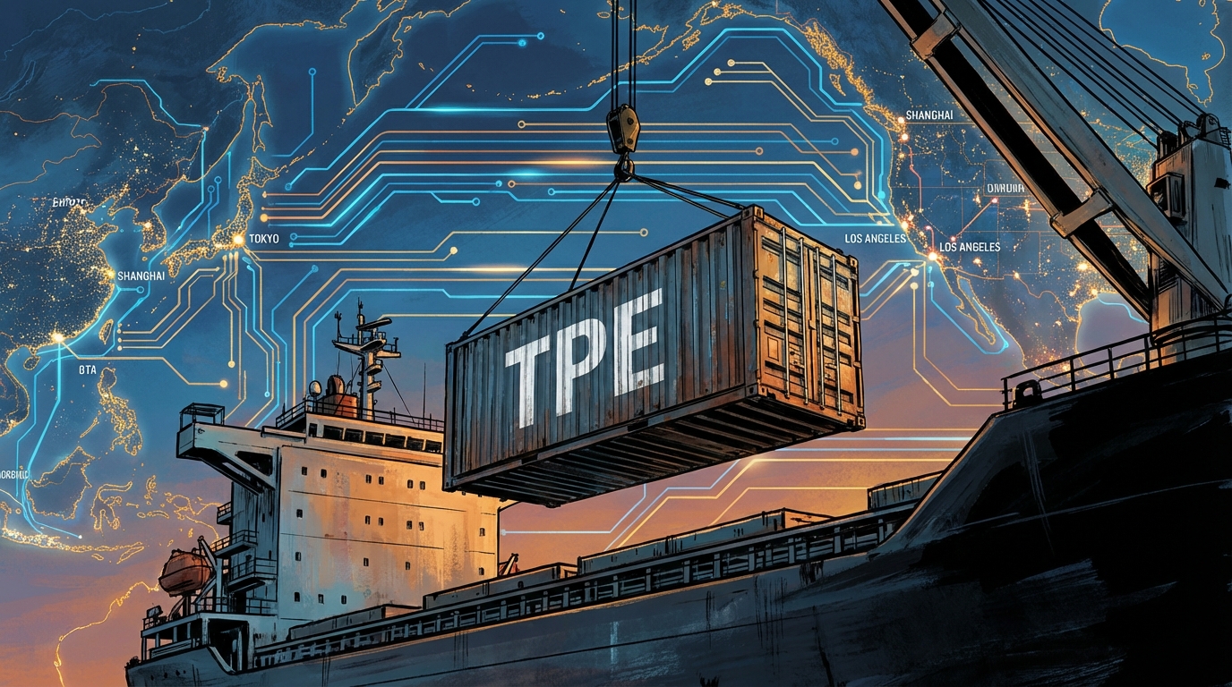 A cargo ship loaded with a container marked TPE against a background of digital circuit boards and a map of the Pacific Ocean