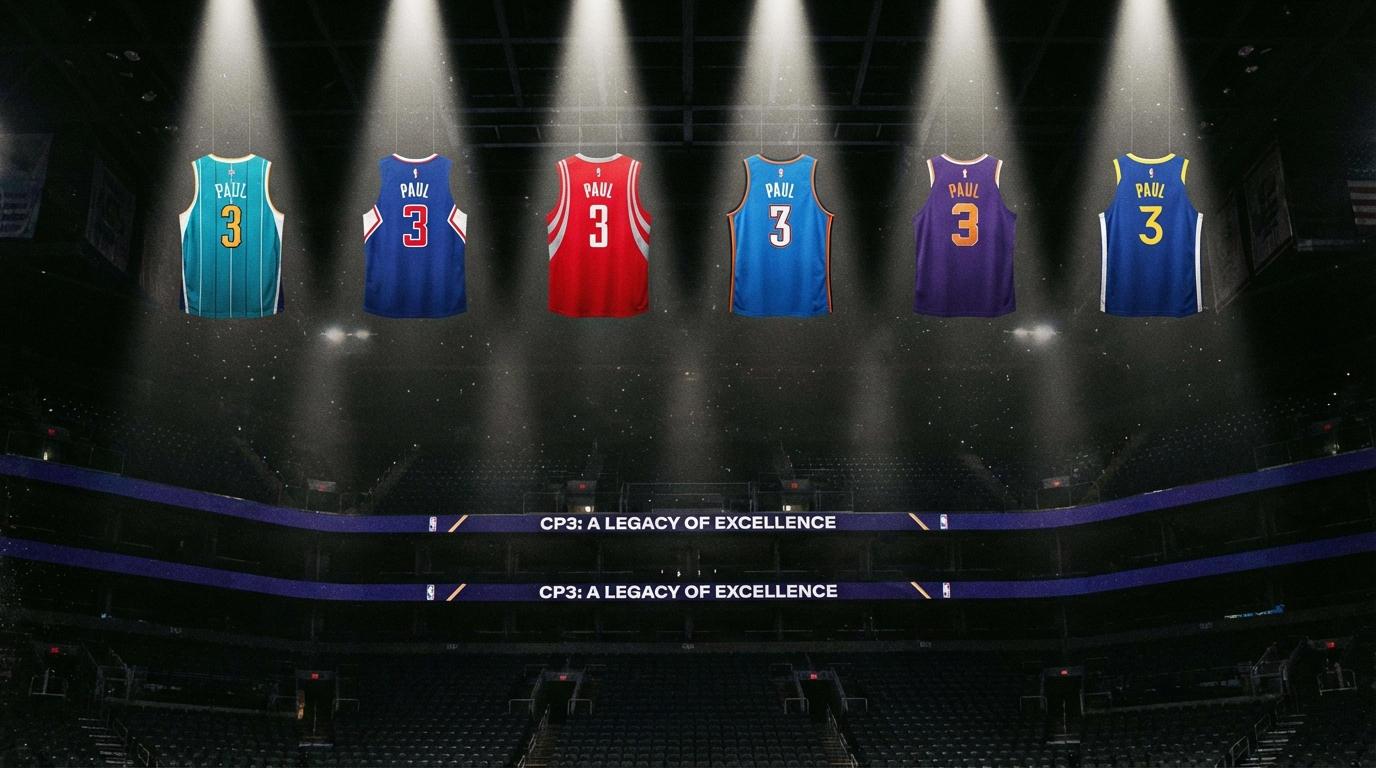 Chris Paul's jerseys from various NBA teams hanging from arena rafters
