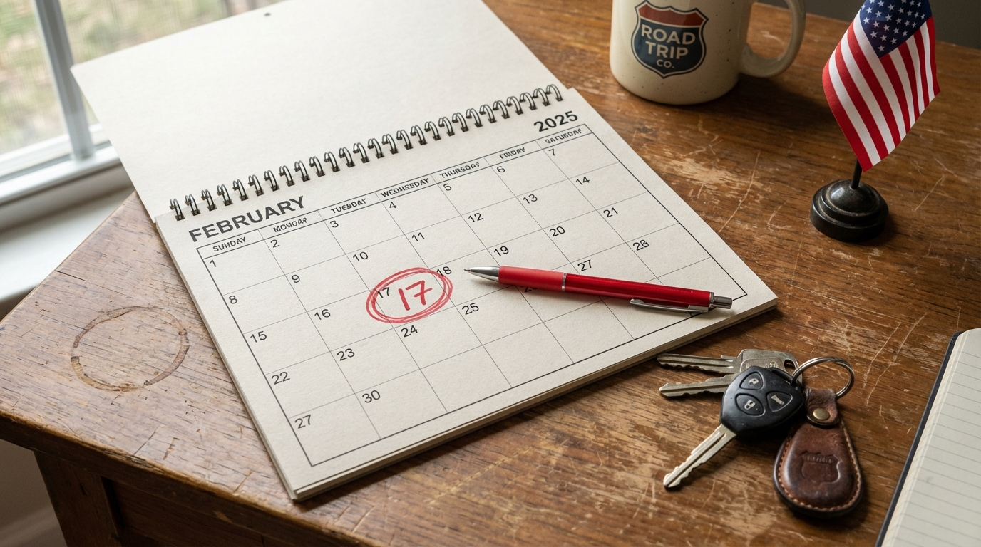 Calendar on a wooden desk showing February with the third Monday circled, sitting next to car keys and a small American flag