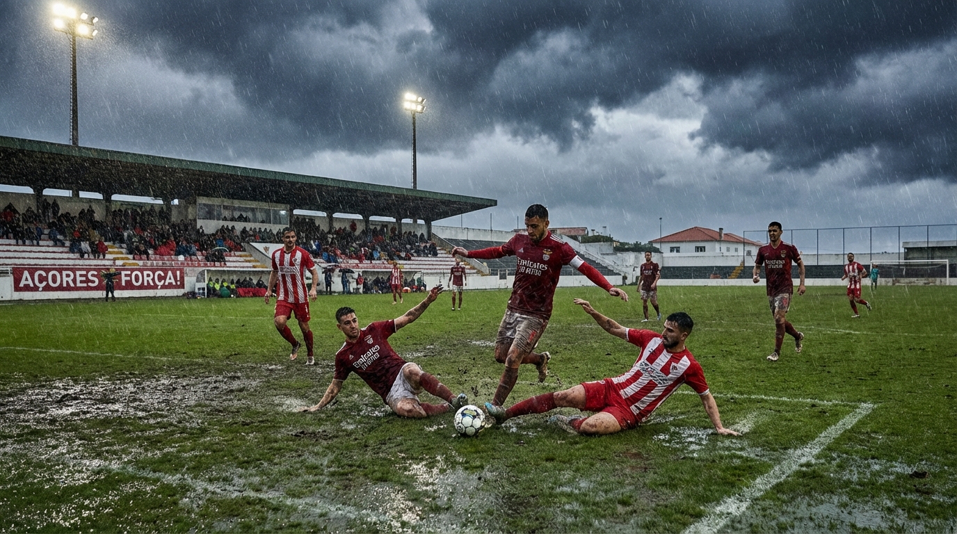 Benfica players navigating a rain-soaked pitch against Santa Clara in Ponta Delgada