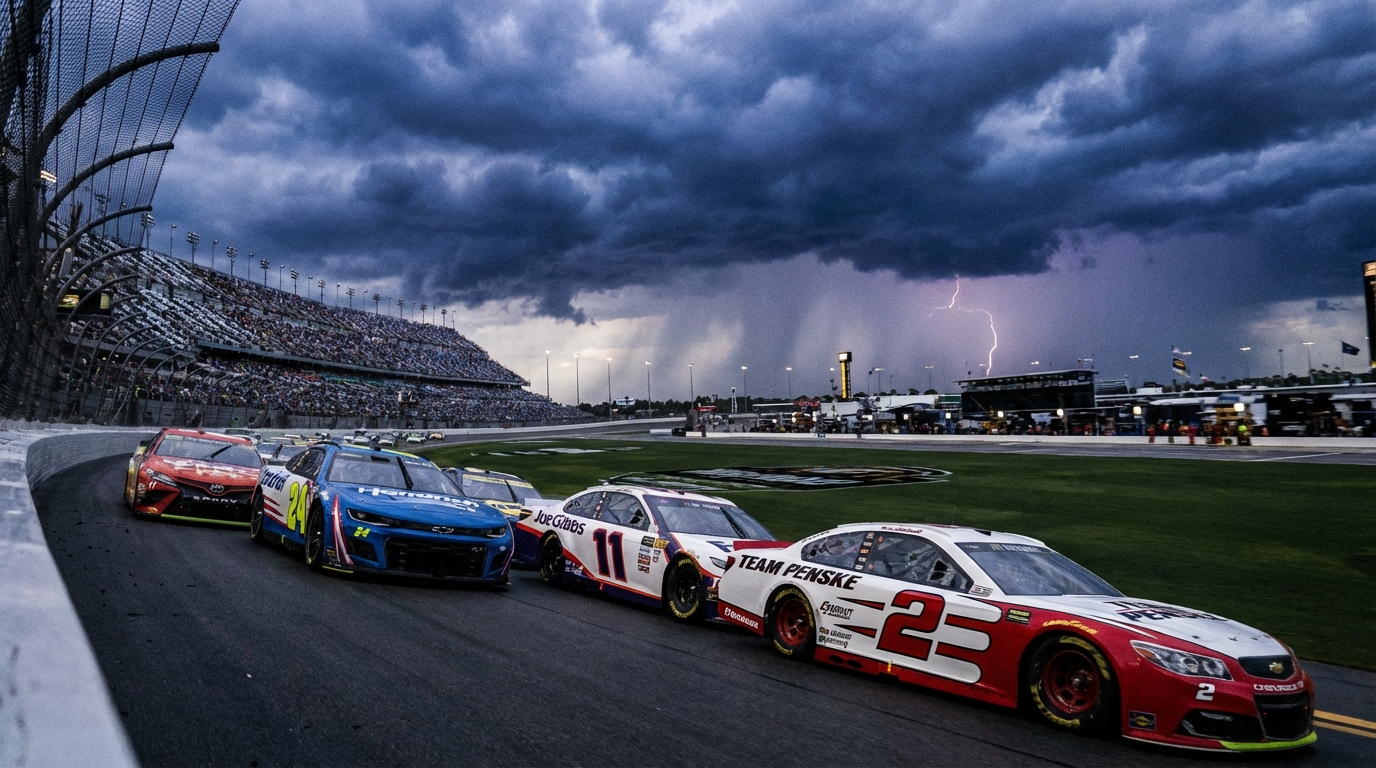 NASCAR stock cars racing three-wide on the high banks of Daytona International Speedway under dark, cloudy skies
