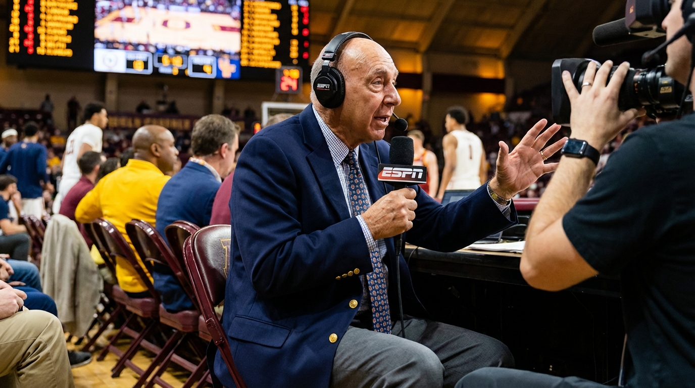 Dick Vitale wearing a headset and smiling while broadcasting a college basketball game