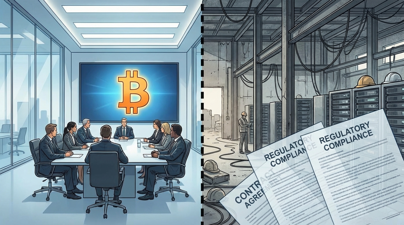 Split view of a corporate boardroom presenting Bitcoin strategy next to a mining facility under construction with legal overlays
