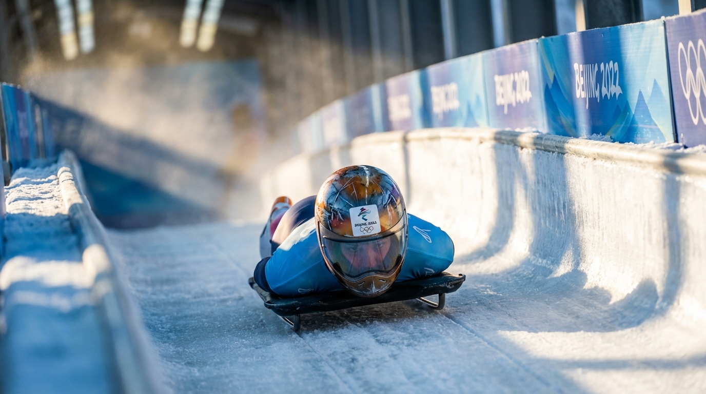 Close-up view of a skeleton racer speeding down an icy track, highlighting the helmet design and speed.