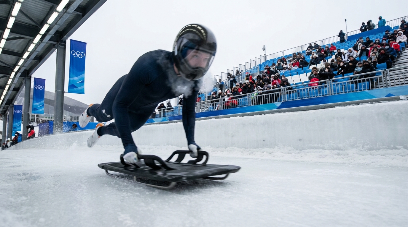 Dan Barefoot sliding headfirst down an ice track during the men's skeleton competition