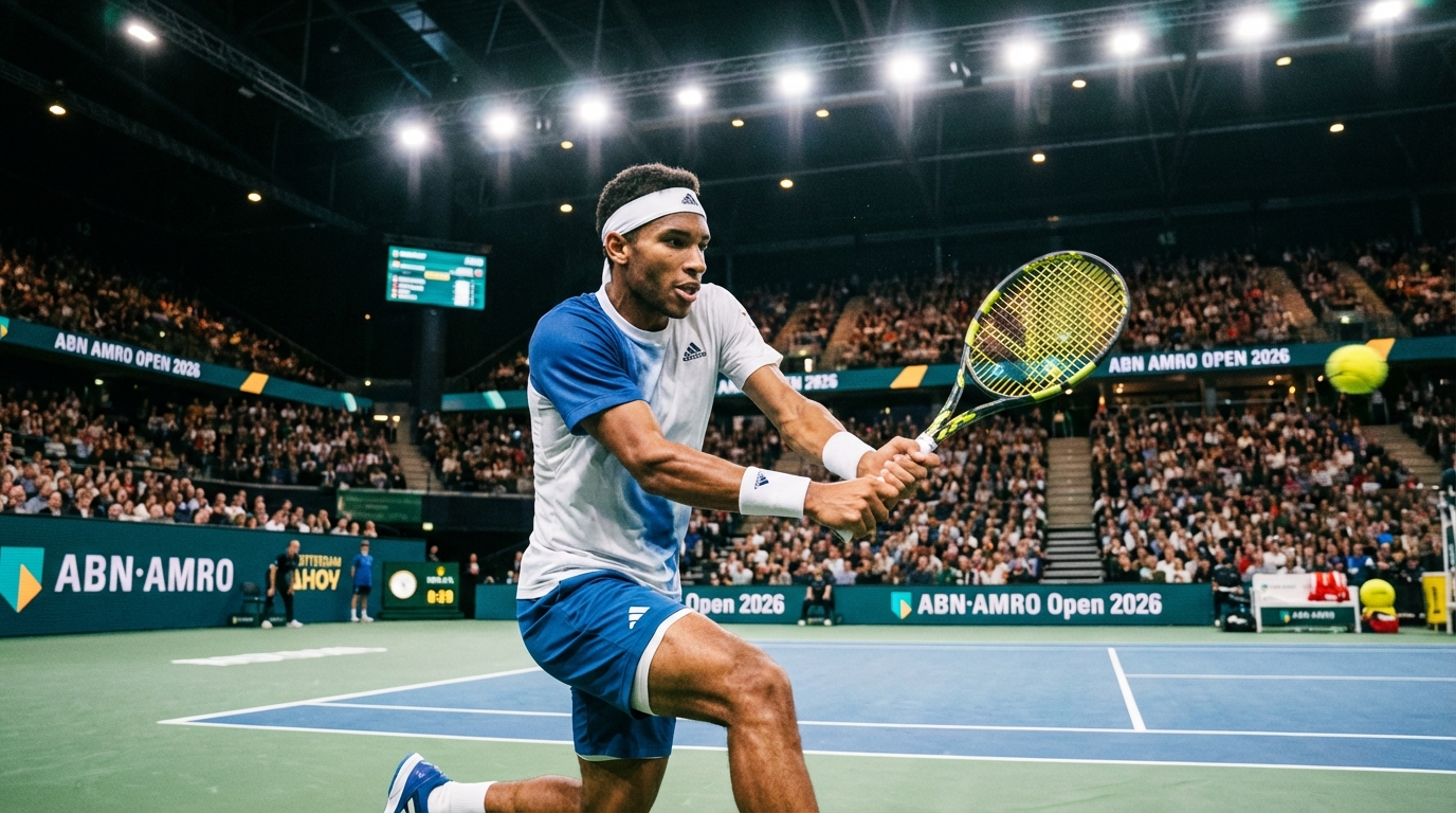 Felix Auger-Aliassime hitting a forehand on the indoor hard court at the Rotterdam Ahoy arena