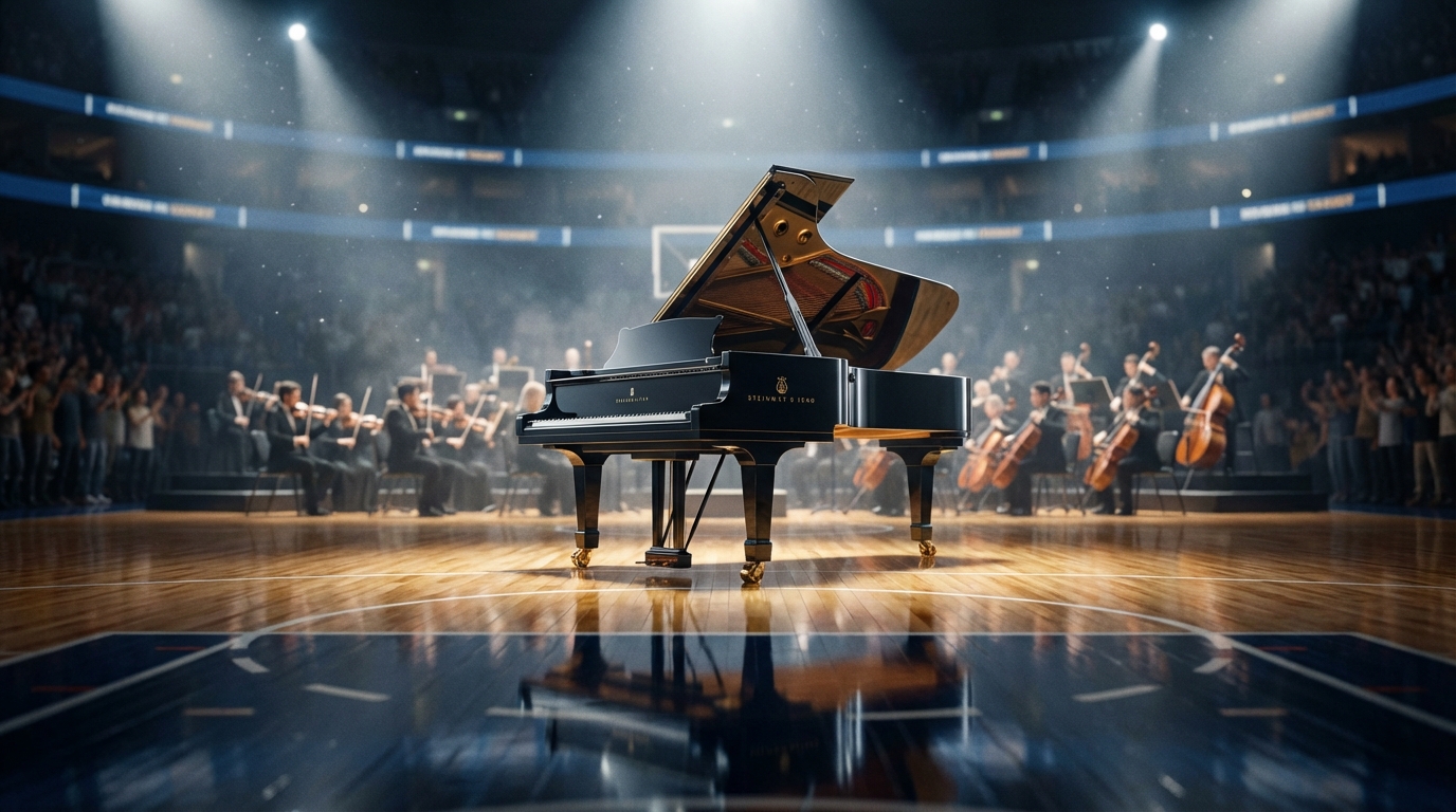 A grand piano on a polished basketball court under dramatic arena spotlights with an orchestra in the background