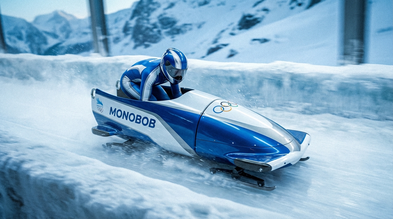A lone monobob driver speeding down an icy track during the Winter Olympics
