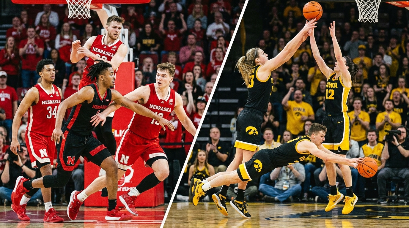 Iowa Hawkeyes and Nebraska Cornhuskers basketball players competing on the court at Pinnacle Bank Arena