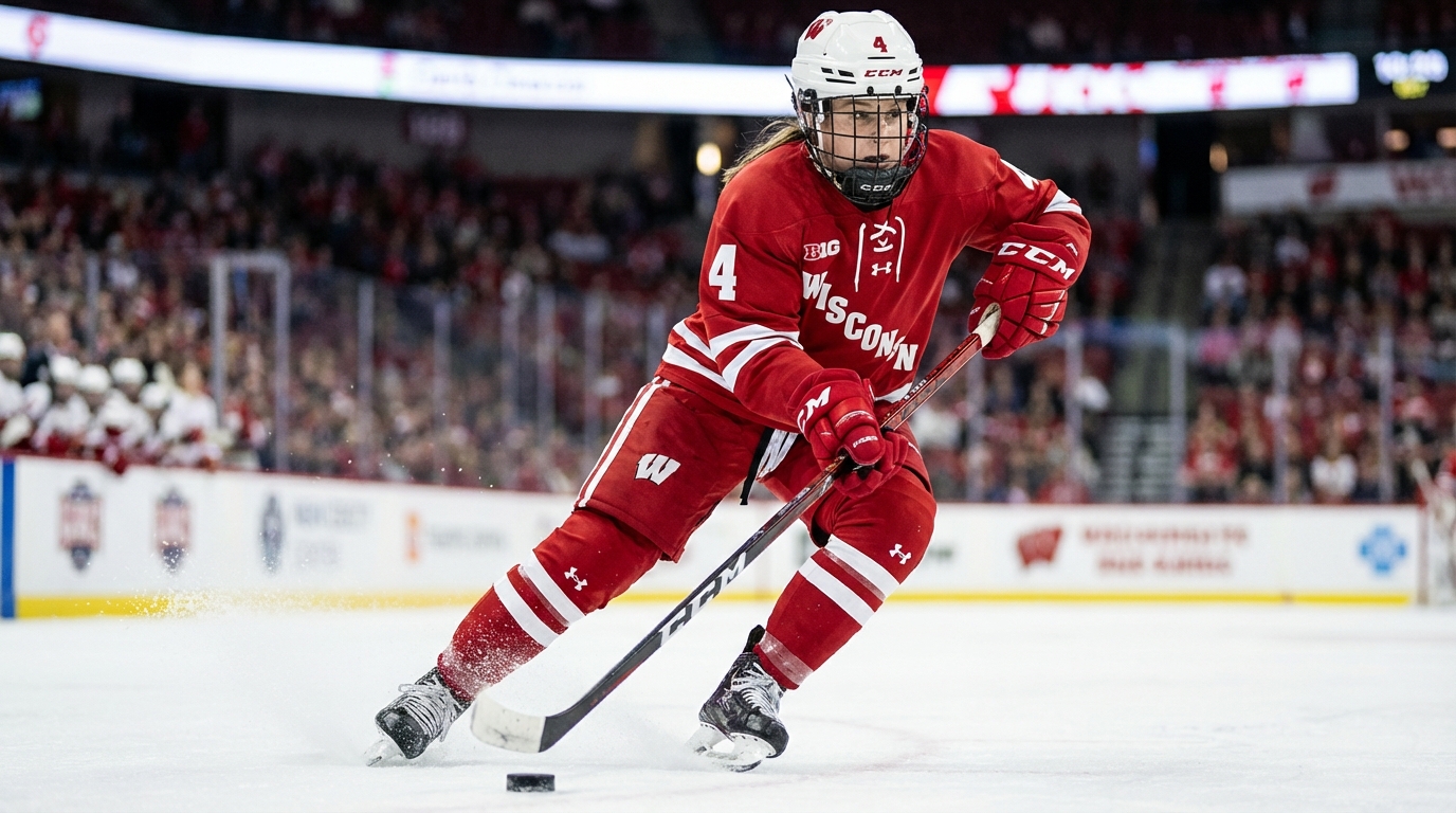 A female hockey defender in a red Wisconsin jersey skating up ice with the puck during a game.