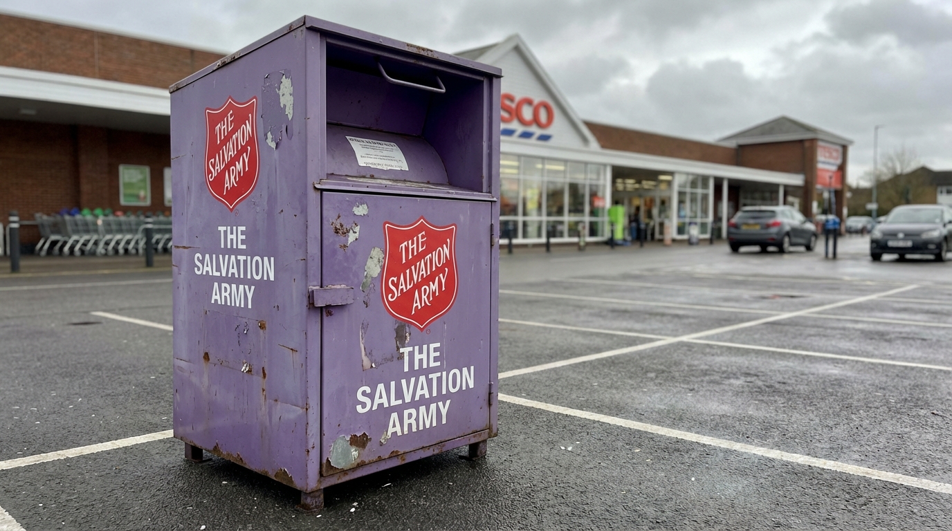 A weathered purple Salvation Army clothing donation bin standing in an empty supermarket parking lot