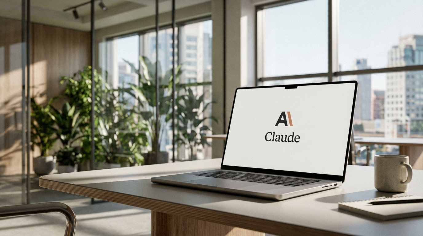 A sleek laptop displaying the Claude logo on a desk in a modern, sunlit office environment.