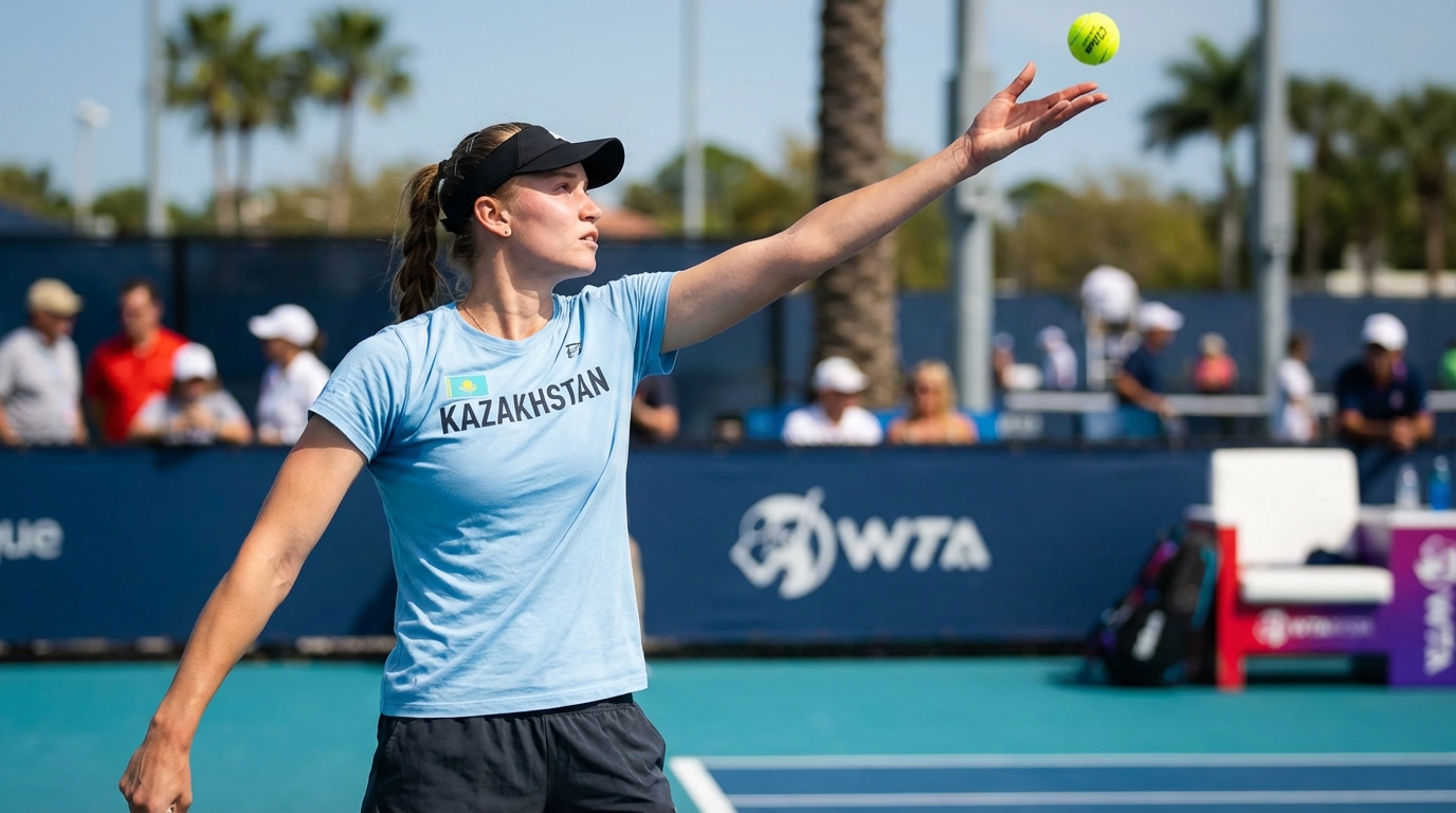Elena Rybakina practicing her serve mechanics on a hard court during an outdoor training session