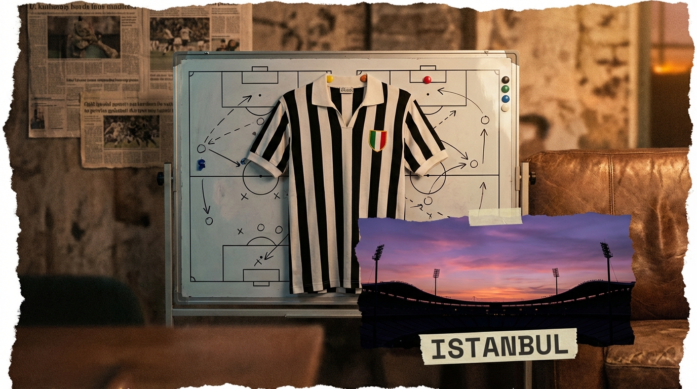 A Juventus jersey displayed next to a soccer tactical board and a silhouette of a stadium in Istanbul