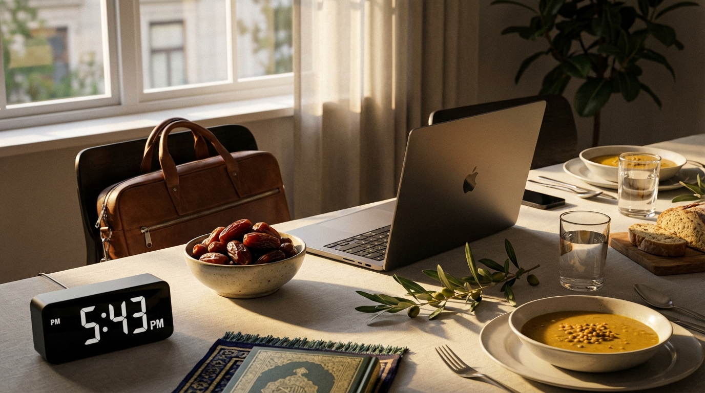 A dining table set with dates and water next to a laptop and a digital clock displaying 5:43 PM, representing an early winter Iftar.