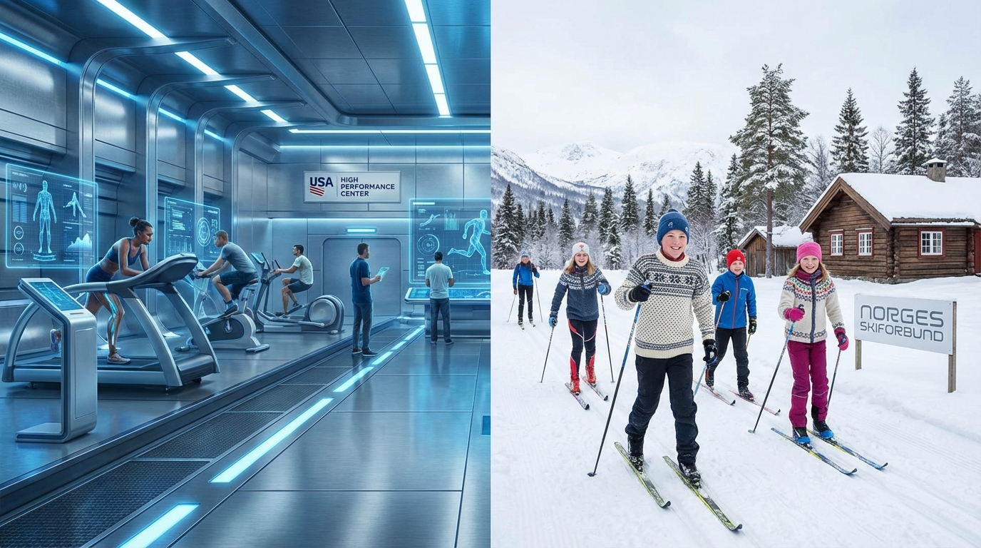 A split composition contrasting a high-tech American athletic training facility with a snowy, community-focused Norwegian ski track.