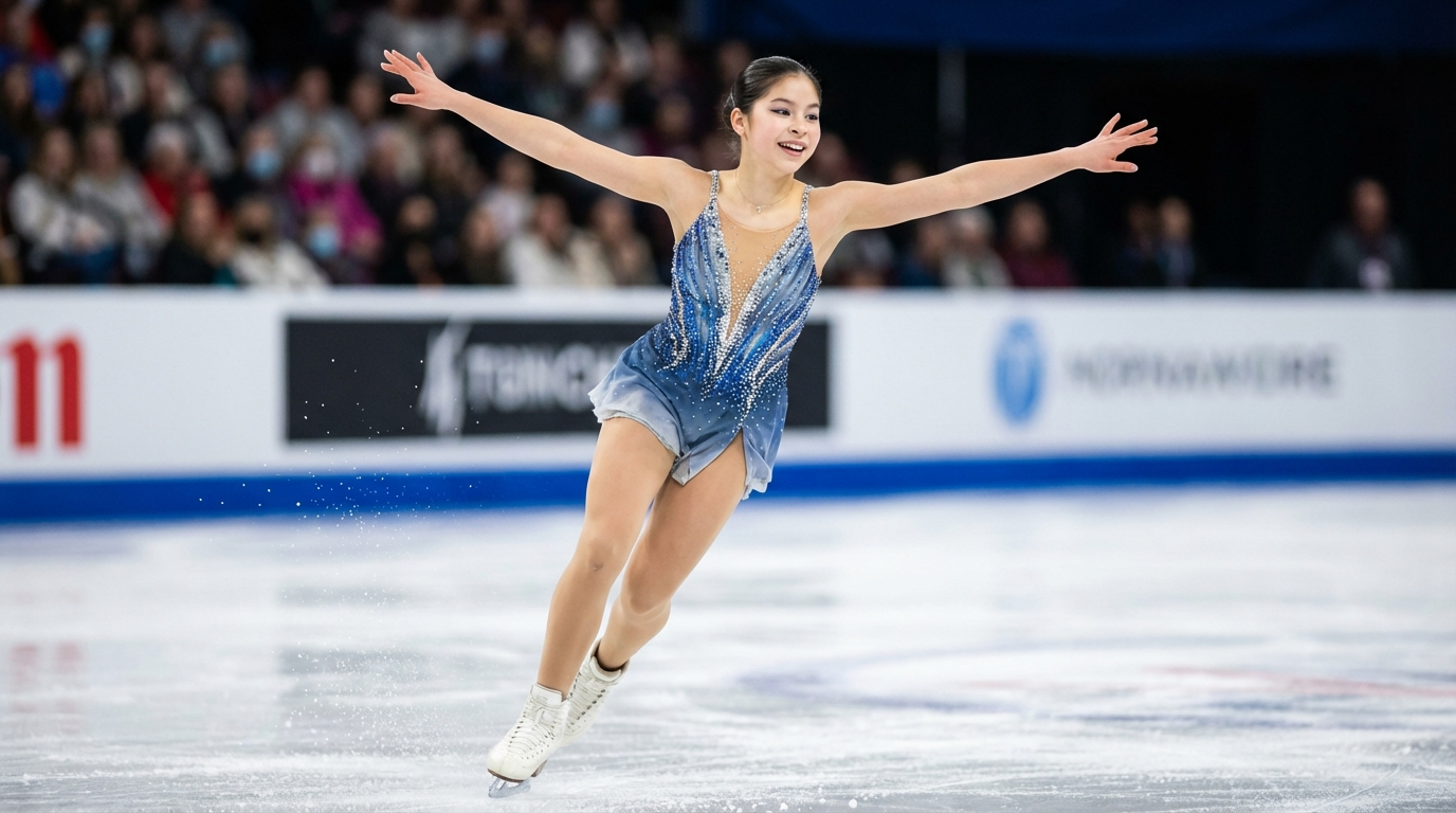 Figure skater Alysa Liu performing a routine on the ice during a competition