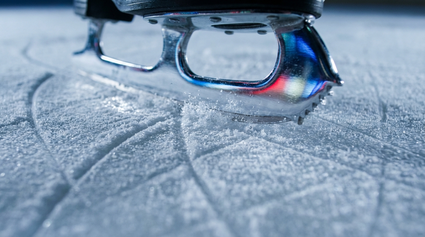 Close-up of ice skate blades carving into the ice with French flag colors reflected