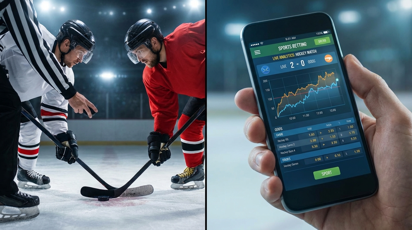 A split screen showing a hockey player facing off and a smartphone displaying a sports betting application