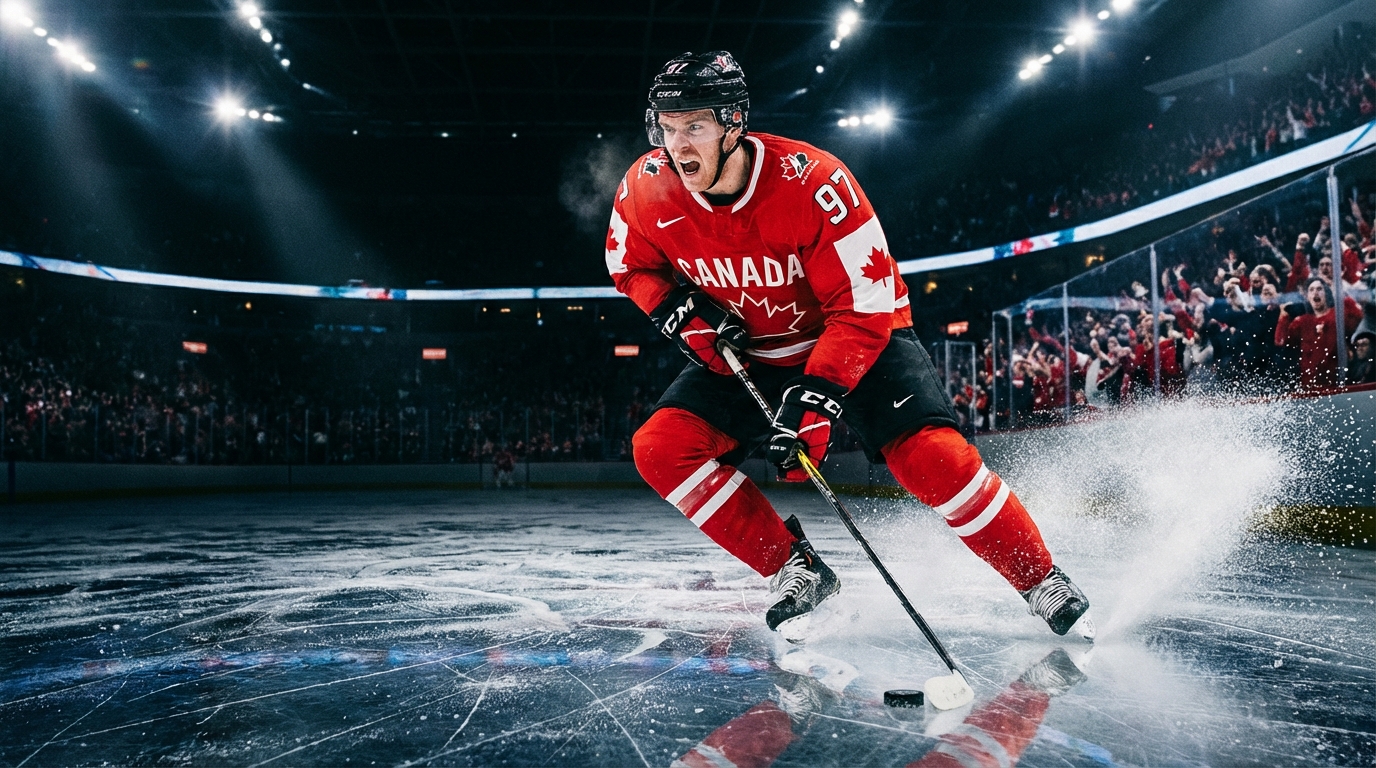 Connor McDavid skating with the puck in a Team Canada jersey during a game