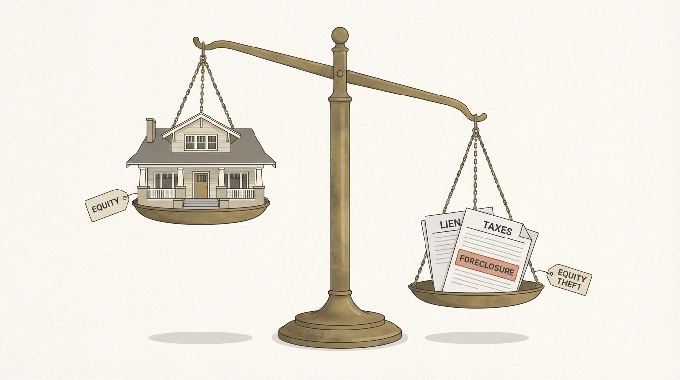 A conceptual illustration showing a house being weighed on a balance scale against a small stack of tax documents