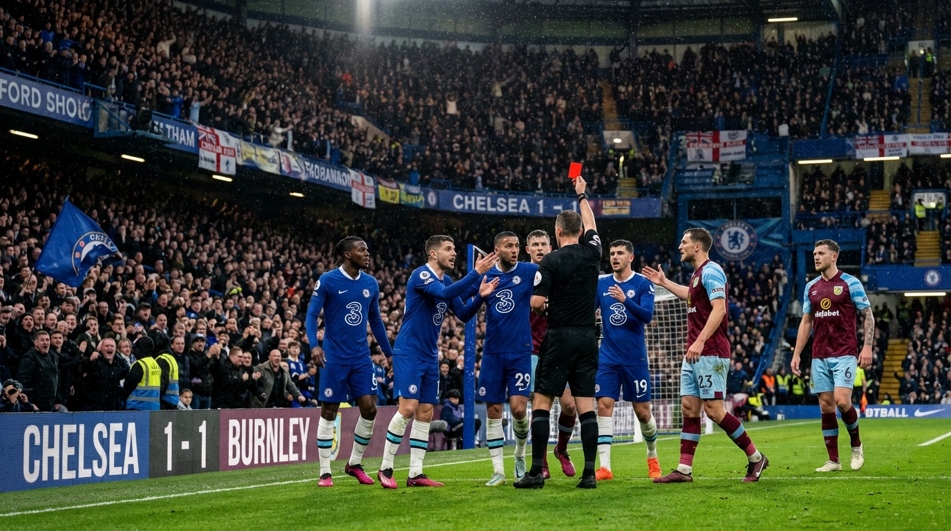 Referee showing a red card during the Chelsea vs Burnley match at Stamford Bridge while players argue