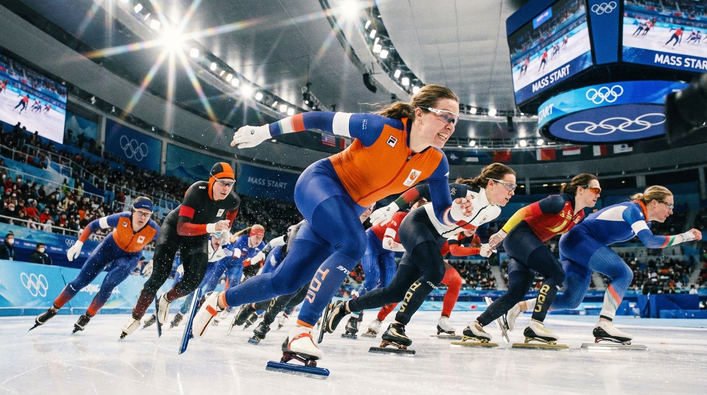 Speed skaters racing in a tight pack without lanes during a mass start event on an indoor ice oval
