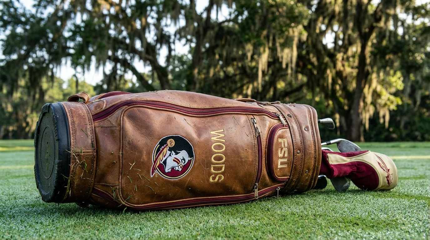 A Florida State University golf bag embroidered with WOODS sitting on a golf course green