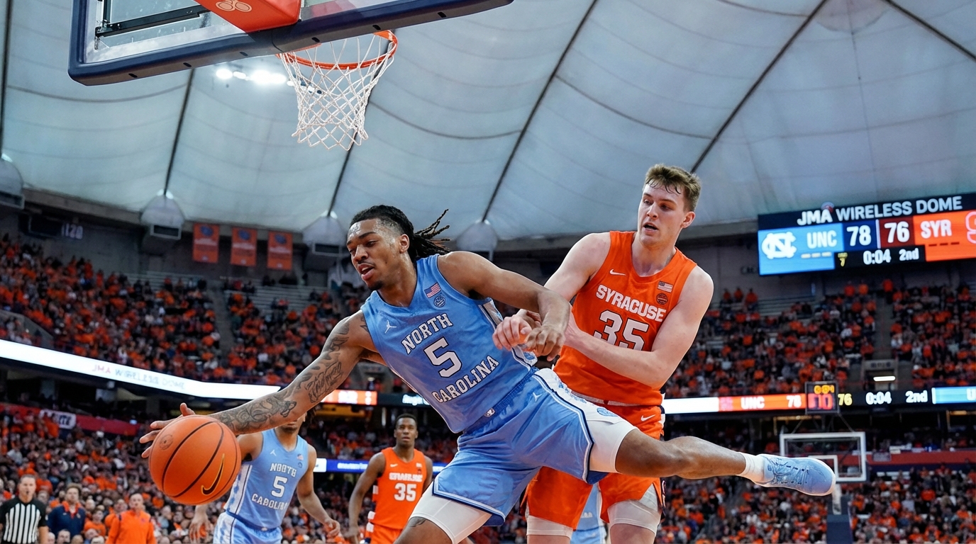 Basketball players in North Carolina blue and Syracuse orange competing on the court at the JMA Wireless Dome