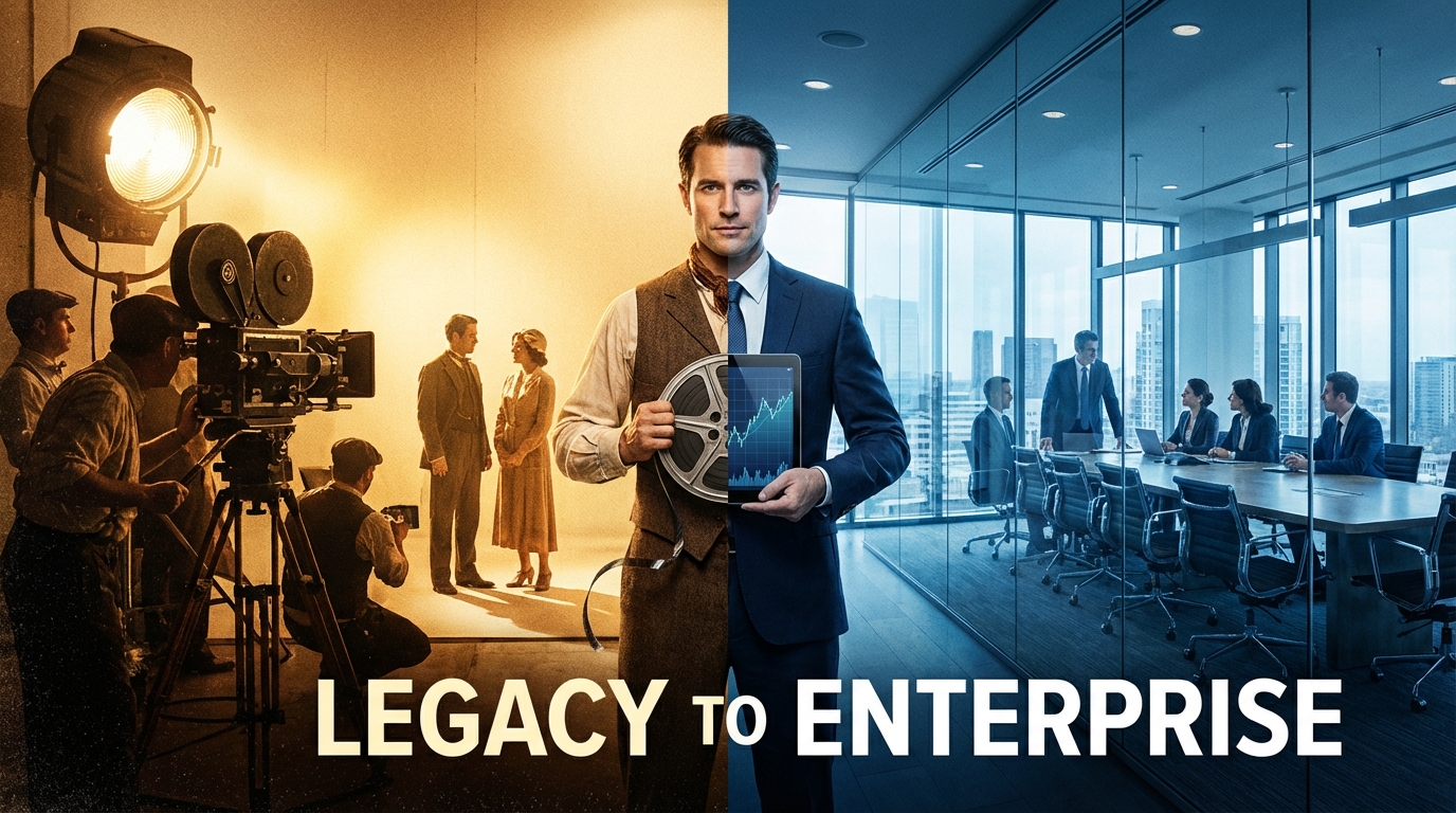 Split view of a vintage movie camera and a modern office boardroom table