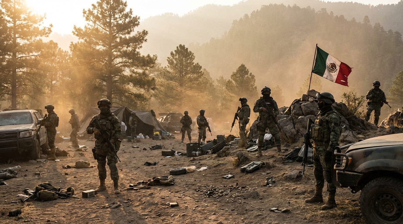 Mexican marines securing a perimeter in mountainous terrain during early morning light