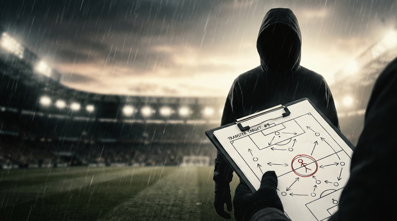 A tactical clipboard in focus against a blurred football stadium background
