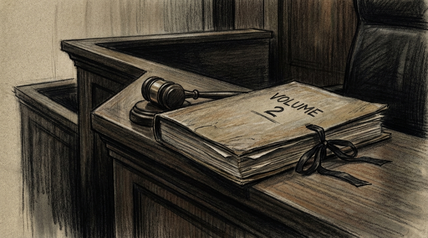 Courtroom sketch showing a gavel resting on a sealed file folder labeled Volume 2 on a wooden bench